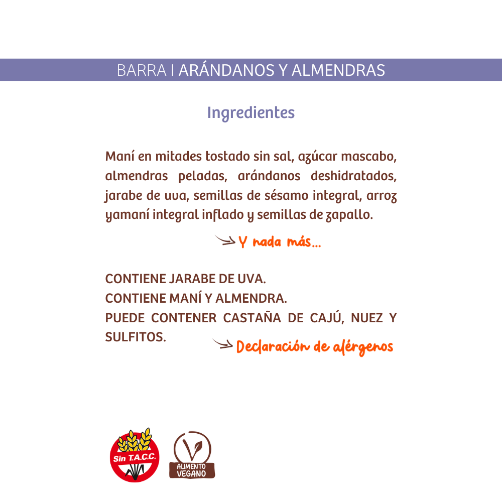 Barra de Cereal Zafrán Almendras y Arandanos 28 gr